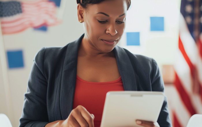 Lifestyle portrait of professional black woman election organizer at candidate office with flags, wearing red white and blue and using tablet to vote for democracy digitally